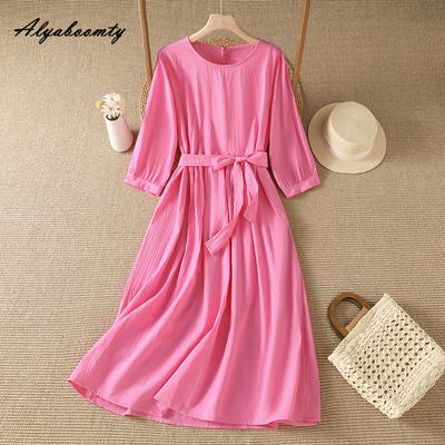 Koreanischer Stil Sommer Damen Midi-Kleid Kurz O-Ausschnitt Rosenrosa Lässig Locker Ärmel 3/4 Baumwolle Vintage Basic Damenkleider