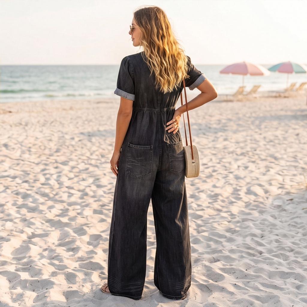 Women Casual Loose Fit Short Sleeve V Neck Washed Denim Pocket Jumpsuit Wide Leg Romper with Tie Front Detail