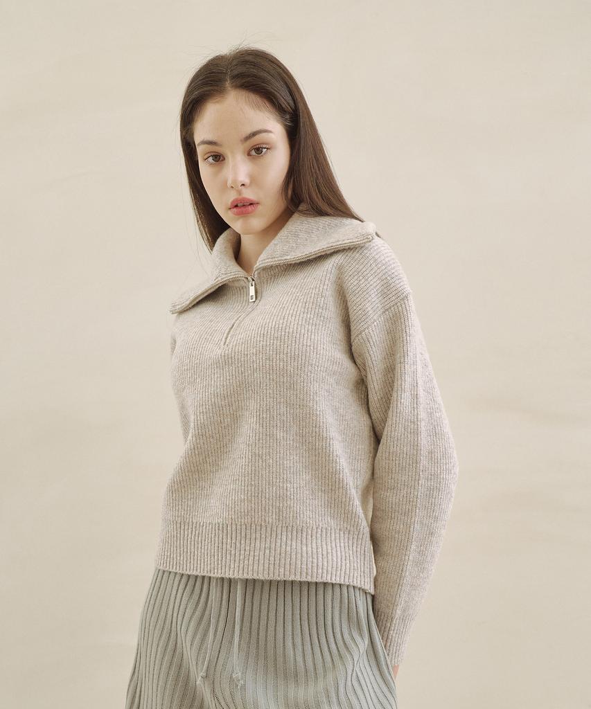 BLOND9 Volume Half Zip Rib Knit Top_Light Gray