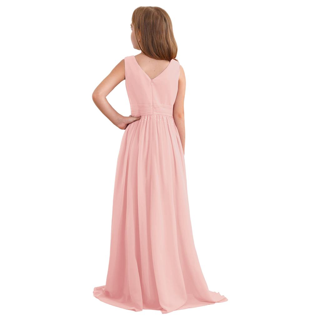 Glänzendes gerafftes verwobenes Chiffon-Kleid für Mädchen V-Ausschnitt ärmelloses Design Blumenmädchen langes Kleid Hochzeitsfeier Kleid