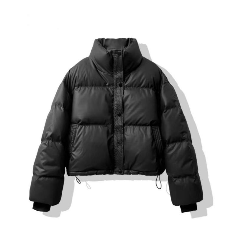 Women Winter Solid Color Fluffy Short Bread Clothes Long Sleeve Half High Neck PU Jacket