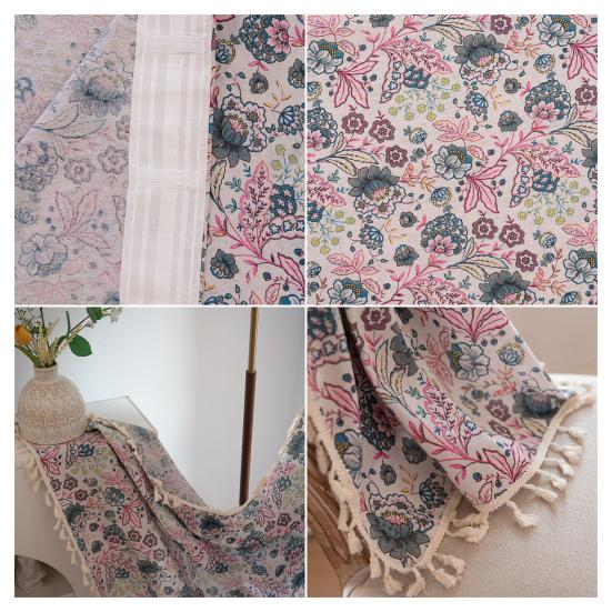 Panou Curtain Boho cu Imprimeu Floral și Margine cu Ciucuri Buzunar pentru Baghetă Draperie Filtrantă pentru Lumină pentru Decor Fereastră Living Dormitor Casă la Țară