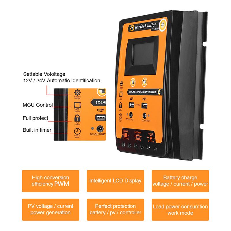 Pwm   Solar Charge Controller 12/24V 30/50/70A Battery Regulator Dual Usb 5V Lcd
