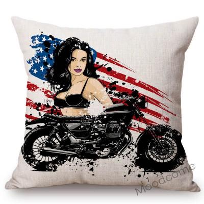 Nordic Motorbike Race Biker Club Car Pillow Case Us Flag Motorcycle Art Sofa Chair Waist Pillow Beige Linen Decor Cushion Covers