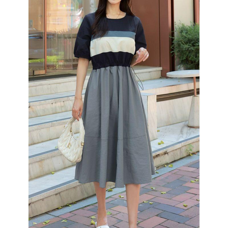 Plus Size Women's Clothing Chubby Girl K-style Round Neck Multicolor Fashion Loose Adjustable Waist Trimming Short-Sleeved Mid-Length Dress Dress