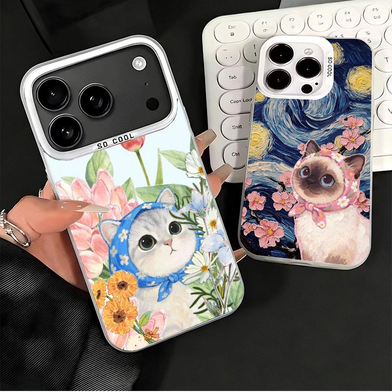 Cute Floral Headscarf Kitten Shockproof Phone Case for iPhone 17 Air 16 16E 15 Pro Max 14 Plus 13 Mini 12 Back Cover Anti Fall F