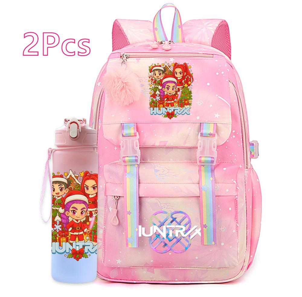 2Pcs/set Christmas K-pop Printed Backpack with 750Ml Water Bottler Large Capacity Travel Bag for Teenager Girl Boy Waterproof Bookbag Kid Gift Rucksak