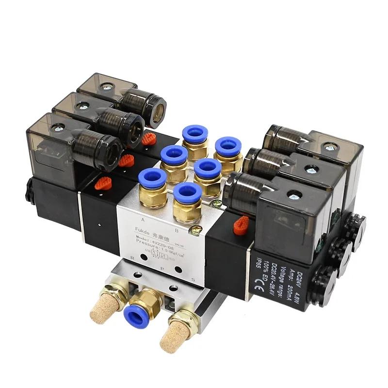 2 - 5 Row Pneumatic 5 Way Double Solenoid Valve Block 4V220-08 Plate With Fitting Manifold 12V DC 24V AC 110V 220V 5/2 24VDC
