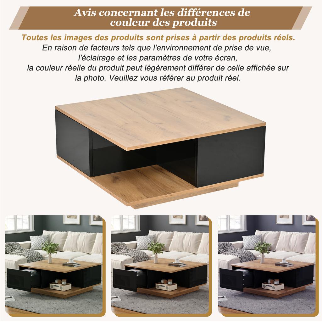 70 x 70 x 31.5cm Coffee Table with 3 Drawers, High-Gloss, Sofa/Side Table, Suitable for Small Rooms, Black + Original Wood Color