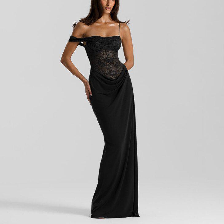 European Summer 2025 Sexy Spaghetti Strap Lace Patchwork Long Dress for Women