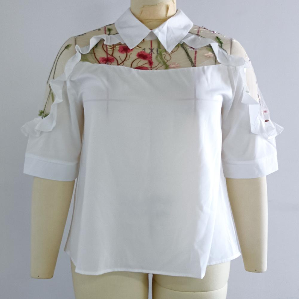 Frühling/Sommer Große Größe Damen Hemd Temperament Revers Perspektive Gestickte Nähte Ärmel Hemd