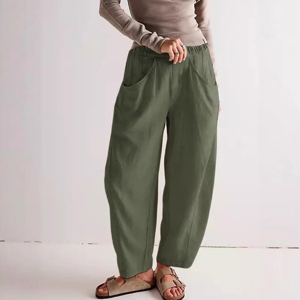 

2026 Spring Women s Cotton-Linen Solid Color Casual Loose Carrot Pants with Elastic Waist and Pockets L зелений