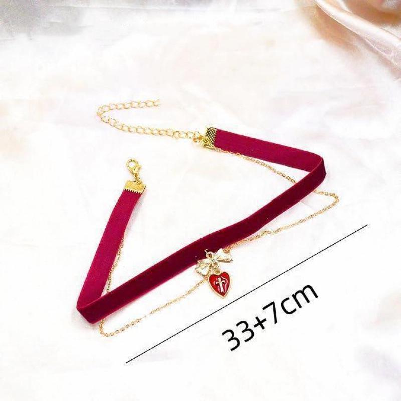 Wine Red Velvet Heart Choker Necklace for Women