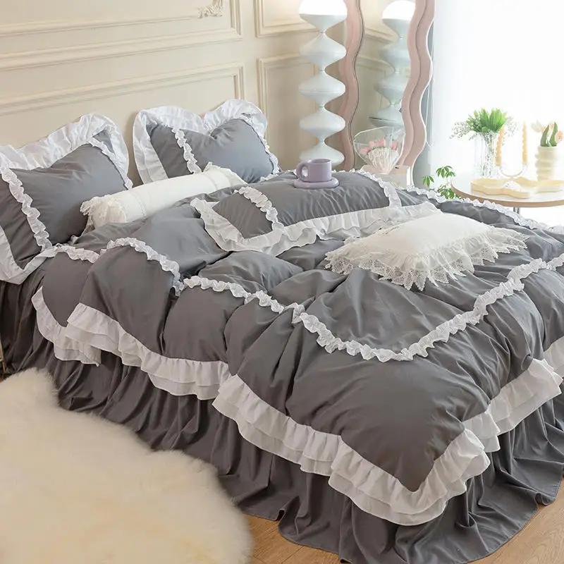 Princess Ruffle Duvet Cover Set Bed Skirt Pillowcase Four Seasons 4pc Beddin Quilt Cover Sheet Double Bed Queen King
