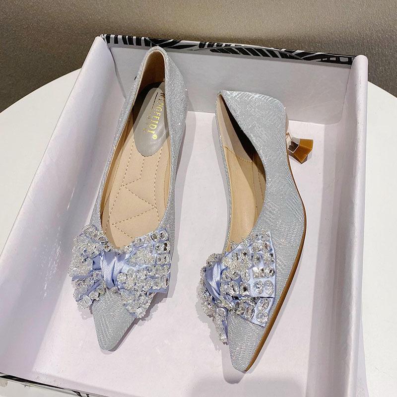 Fashion Crystal Rivets Bowknot High Heels Shoes Woman Pointed Toe Sequines Cloth Pumps Thin Heel Tacones De Mujer Bowknot Wedding Shoes