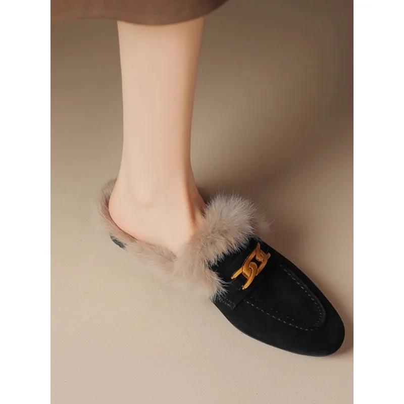 Damesko Vinter Dame Tøffel Luksus Slides Nitter Mules Sexy Loafers Lav Tådekkende 2024 Designer Flats Metallpynt