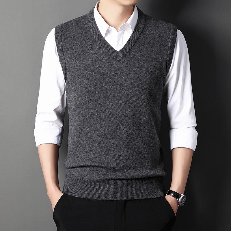 Solid Color V Neck Sleeveless Thick Knit Vest Men Business Casual Inner Sweater