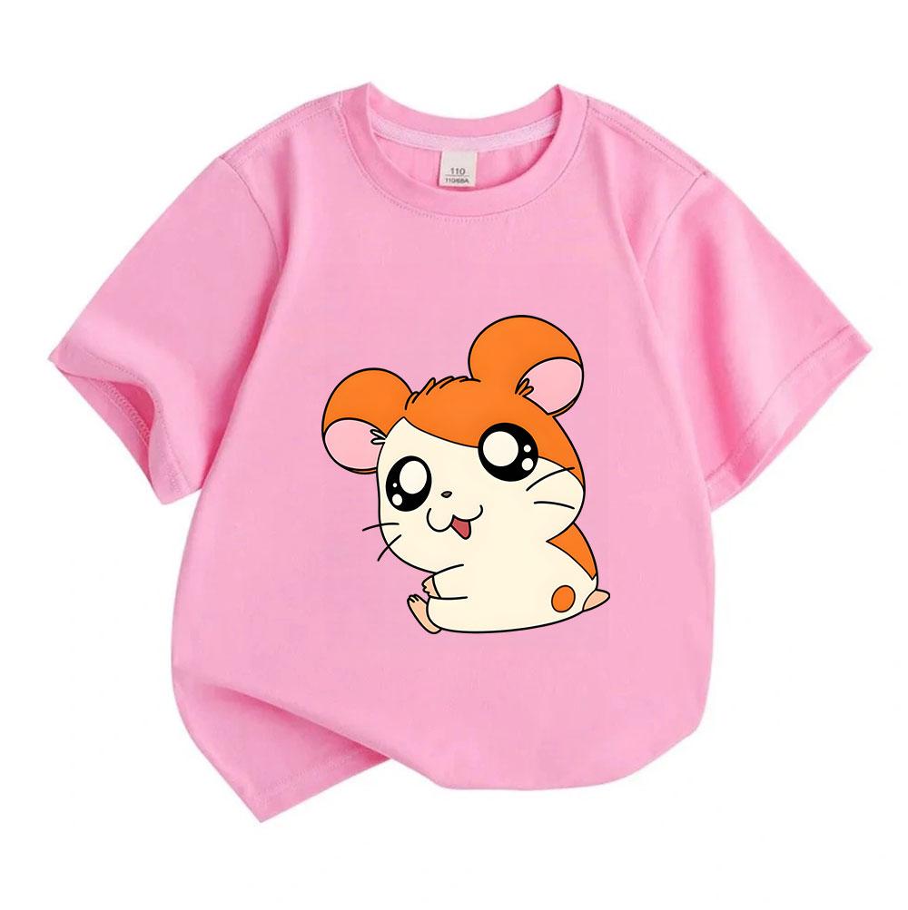 Kids Boys Girls 100% Cotton Crew Neck Short Sleeve T-Shirt, Cute Orange White Cartoon Hamster Print Casual Soft Breathable Tee for Children Daily Wear