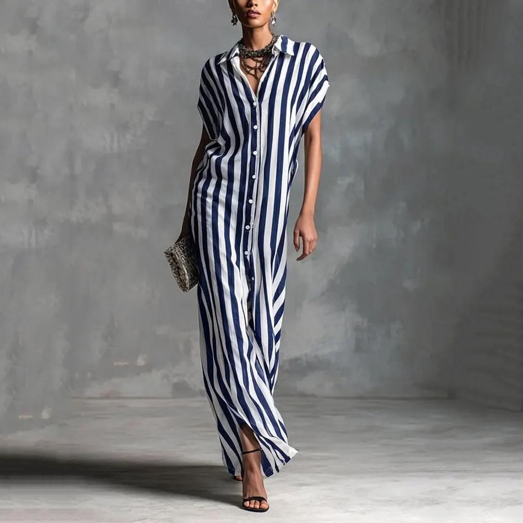 Women's Summer Casual Loose Fit V Neck Maxi Dress Button Down Front Short Sleeve Lightweight Long Dress