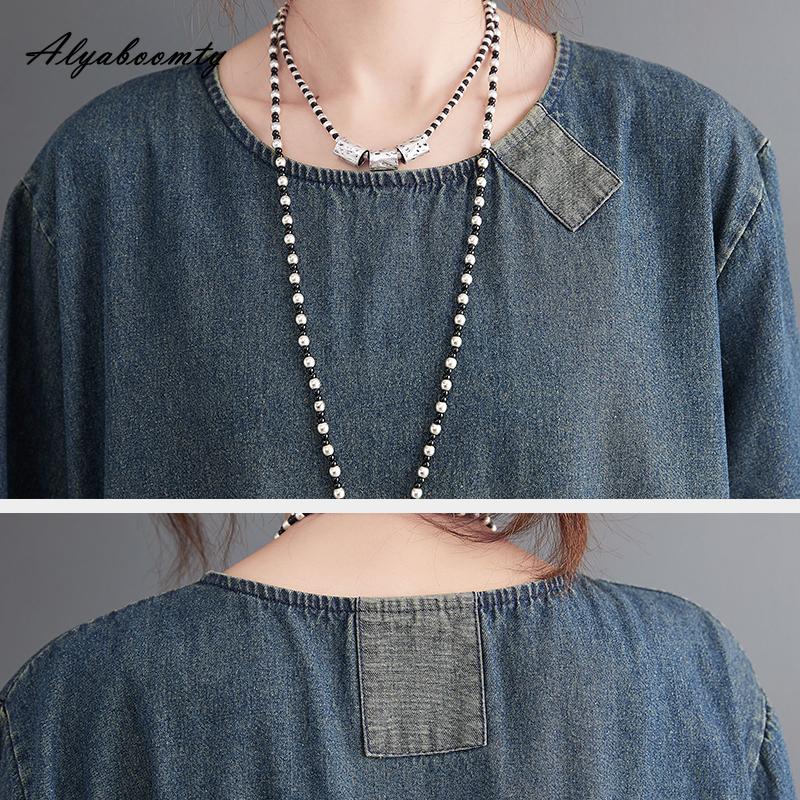 Plus Größe Frühling Sommer Frauen Denim Midi Kleid O Neck Patchwork Übergroßen Taschen Kleid Halbe Hülse Vintage Lose Kleid