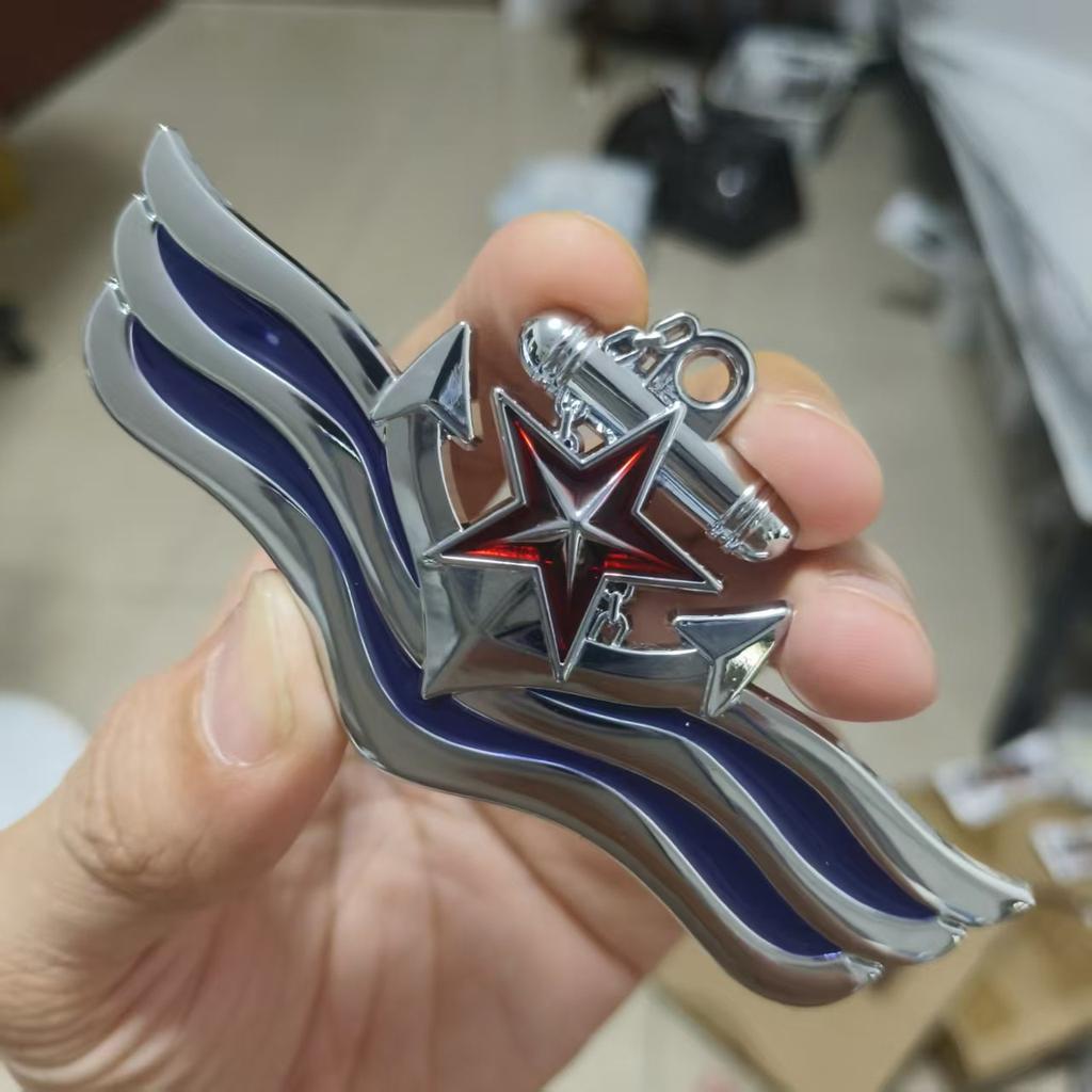 Navy-themed red five-pointed star ship anchor car emblem 3D metallic wing car sticker personalized body decoration badge
