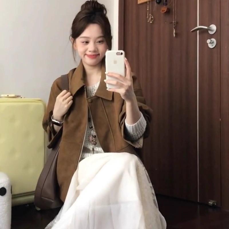 Thickened 300g Suede Fleece Lined Brown Retro Collar Casual Jacket Loose Fit Streetwear