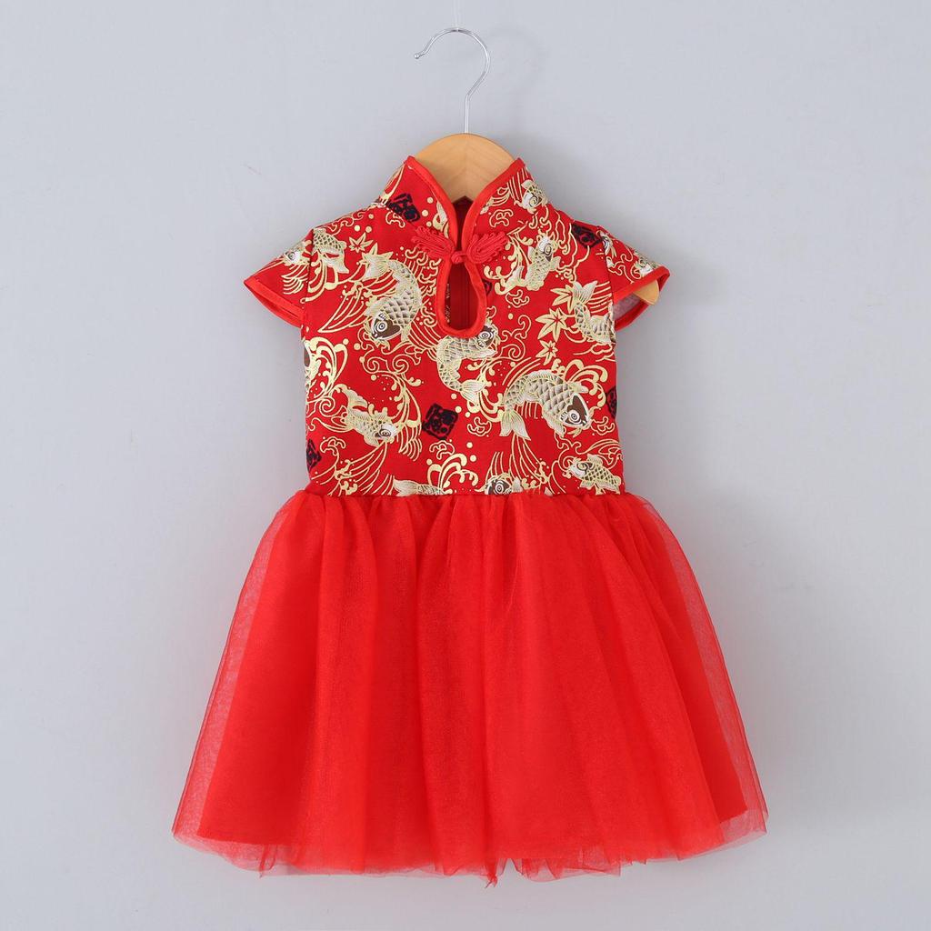 Spring Autumn Loose Fit Kids' Mesh Princess Dress - Chinese Style Short Sleeve Costume