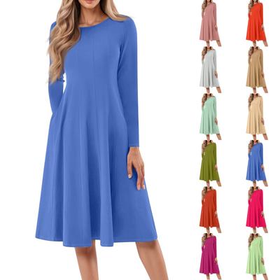Women's Casual Fashion Round Neck Long Sleeve Solid Color Midi Dress