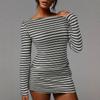 Fall Winter Women's Crew Neck Striped Bodycon Dress, Slim Waist Skinny Mini Dress, Y2K Sexy Streetwear For Crossborder