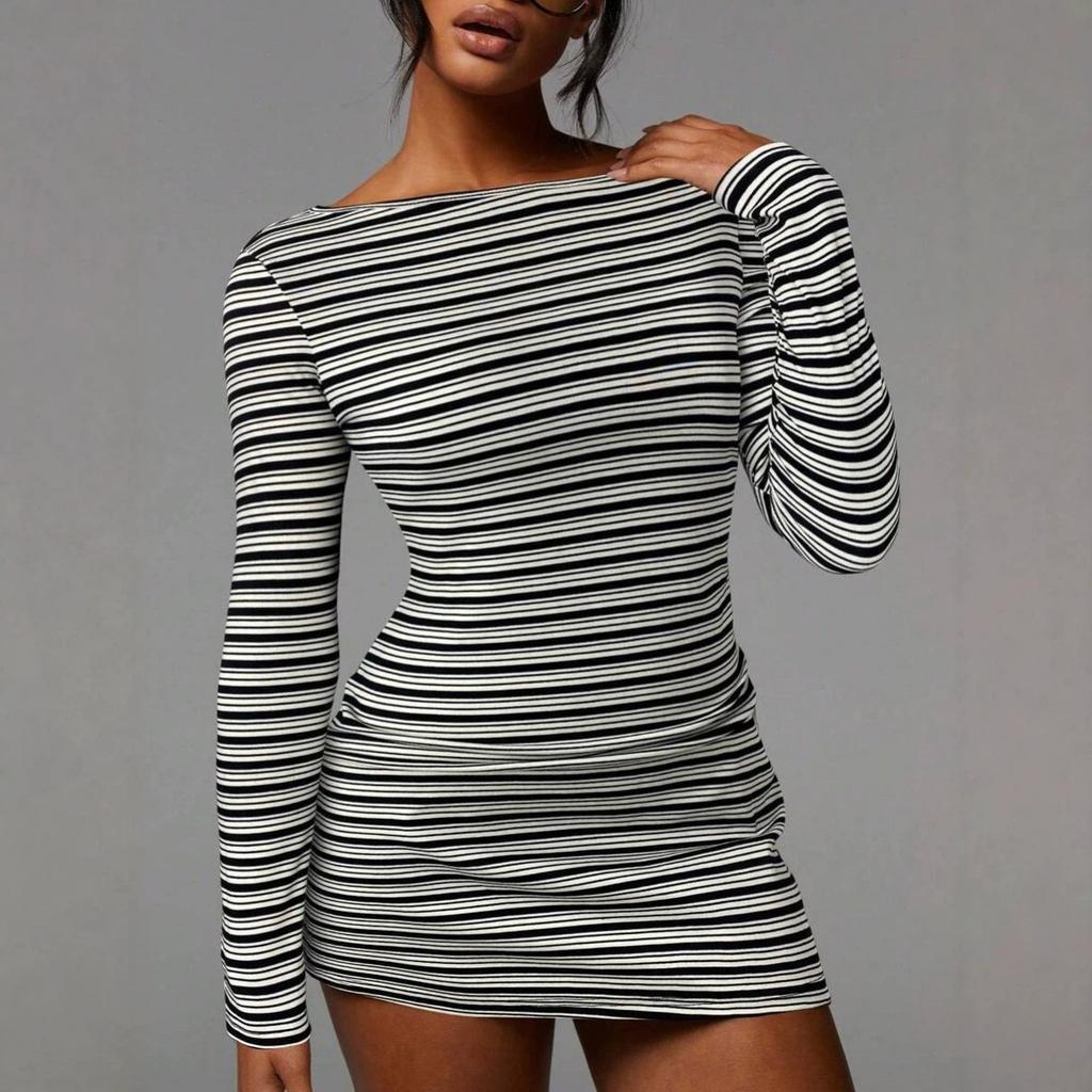 Fall Winter Women's Crew Neck Striped Bodycon Dress, Slim Waist Skinny Mini Dress, Y2K Sexy Streetwear For Crossborder