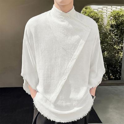 Men's Stand Collar Half Sleeve Frayed Hem Casual Asymmetrical Cross Linen Shirts Tops