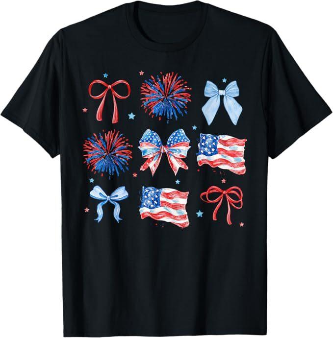 

Girls USA Flag Fireworks Bows Patriotic 4th of July Coquette T-Shirt L