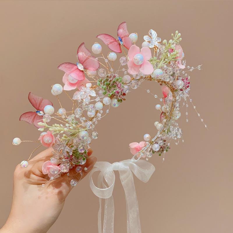 Diadema con corona de flores, diadema de flores, diadema de perlas, tocado infantil para novia