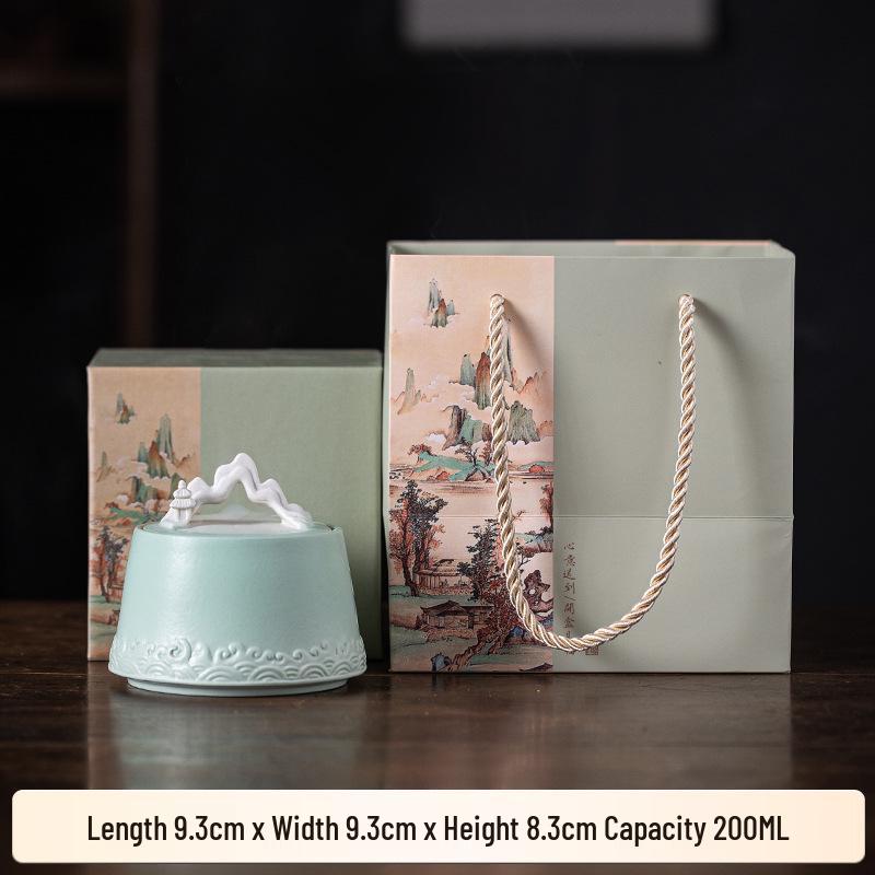 Chinese-Style Ceramic Tea Caddy: Small Mountain Viewing Sealed Jar with Moisture-Proof Packaging for Red and Green Pu'er Tea