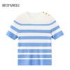Northern Deer Women's Slimming Stripe Knit T-Shirt - French Classic Short Sleeve in Lyocell, Acetate, and Mulberry Silk (Style 26519).