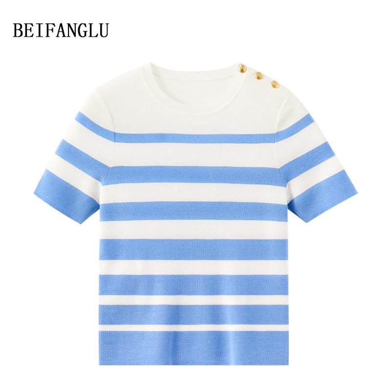 Northern Deer Women's Slimming Stripe Knit T-Shirt - French Classic Short Sleeve in Lyocell, Acetate, and Mulberry Silk (Style 26519).
