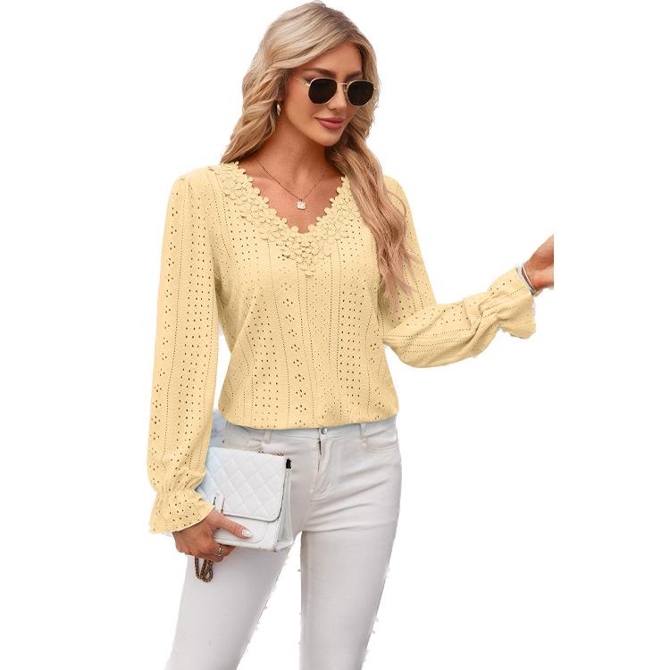 2024 Women's Solid Color V-Neck Long Sleeve Casual Loose T-Shirt
