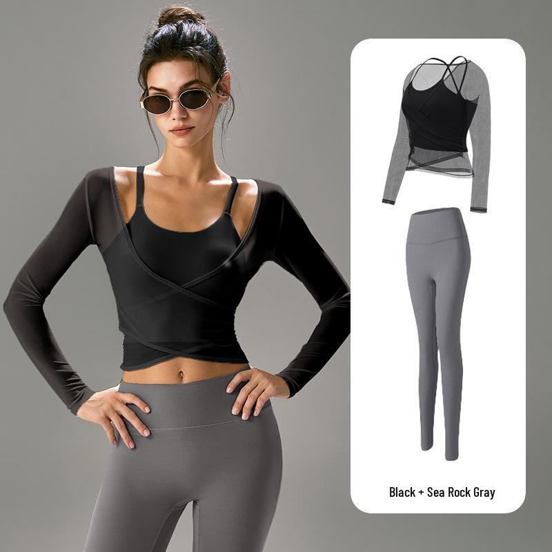 Women's Professional Yoga Set: Long Sleeve, Waist-Cinching, Slimming Two-Piece for Pilates with Chest Pads.