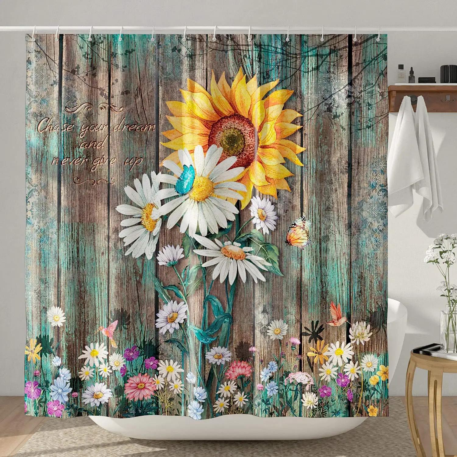 

Rustic Shower Curtain Grey Floral Fabric Bath Curtains Butterfly Daisy American Country Farm Style Bathroom Decor With 12 Hooks W60H190(CM)-1 Pcs