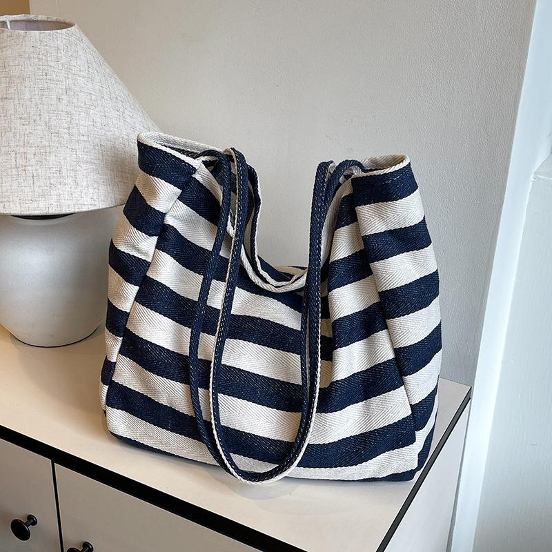 1Pcs Fashion Large Capacity Ladies Tote Handbags Simple Striped Women'S Canvas Casual Shoulder Bags Female Daily Shopping Bags