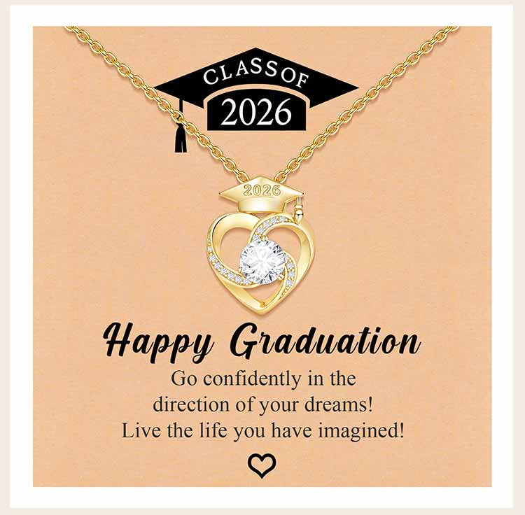 Luxury 14K Gold Plated Heart Graduation Cap Necklace for Women Zircon Pendant Class of 2026 Memorial Jewelry Gift for Daughter