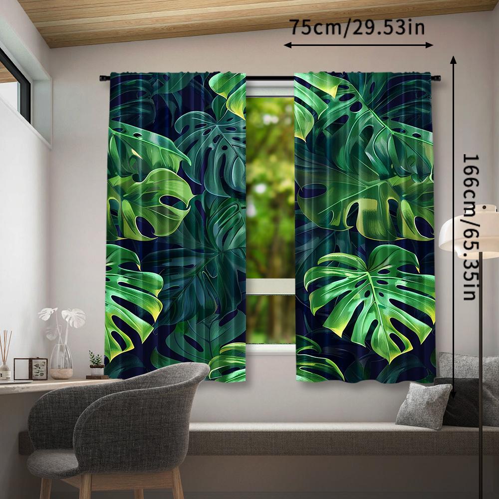 2pcs Tropical Palm Leaf Pattern Semi-Sheer Curtains - 100% Polyester Pongee   Woven Rod Pocket Top   Contemporary Style   Room Dark