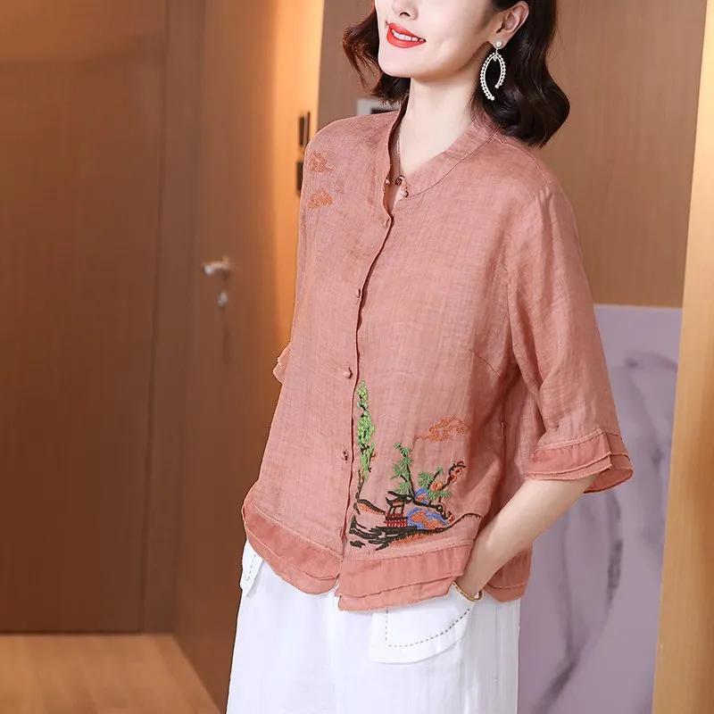 WTEMPO Retro Ramie Embroidery T-shirts Women's Ethnic Style Summer Loose Stand Collar Shirts Casual Chic Elegant Tops
