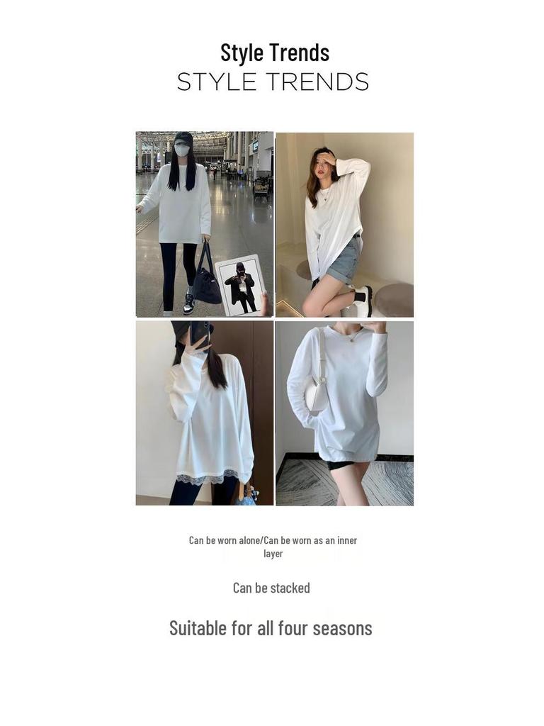 Lace Spliced Plus Size Pure Cotton Long Sleeve T-Shirt - Mid-Length Early Autumn Women's Top