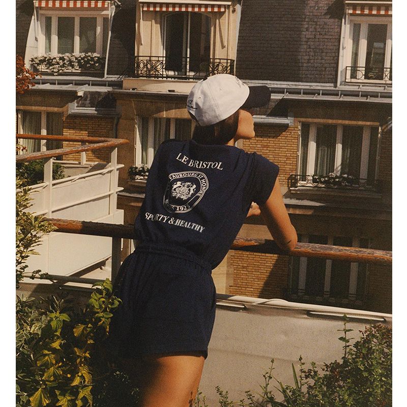 Le Bristol Retro American Badge Front and Rear Print Sports Style Pure Cotton Short Sleeve T-shirt Women