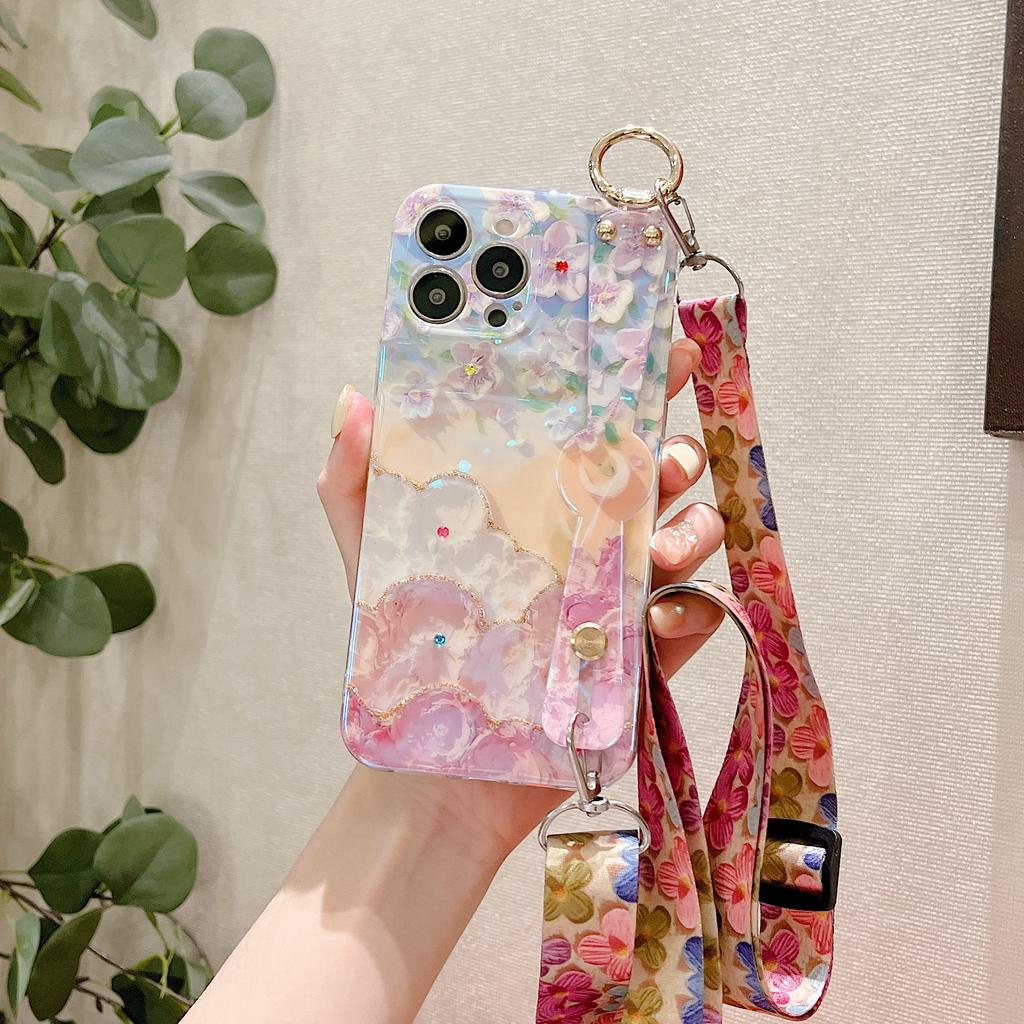 Applicable To Xiaomi 13lite Blue Light Rhinestone Mobile Phone Case Oil Painting Flower Red Rice Note12 Wrist Strap Bracket Crossbody
