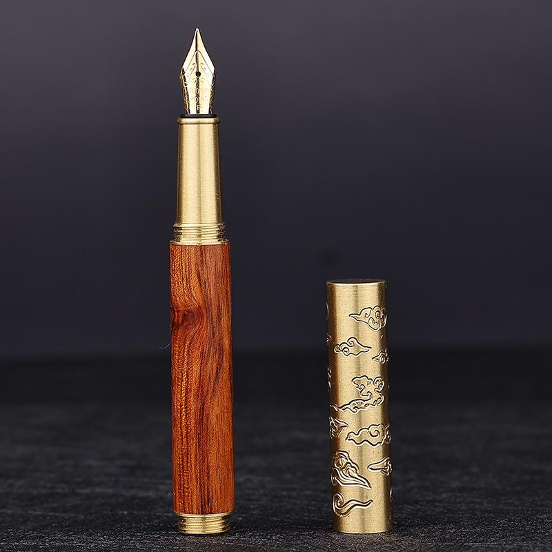 Retro Brass & Sandalwood Pocket Fountain Pen Set – Signature Calligraphy and Business Office Gift.