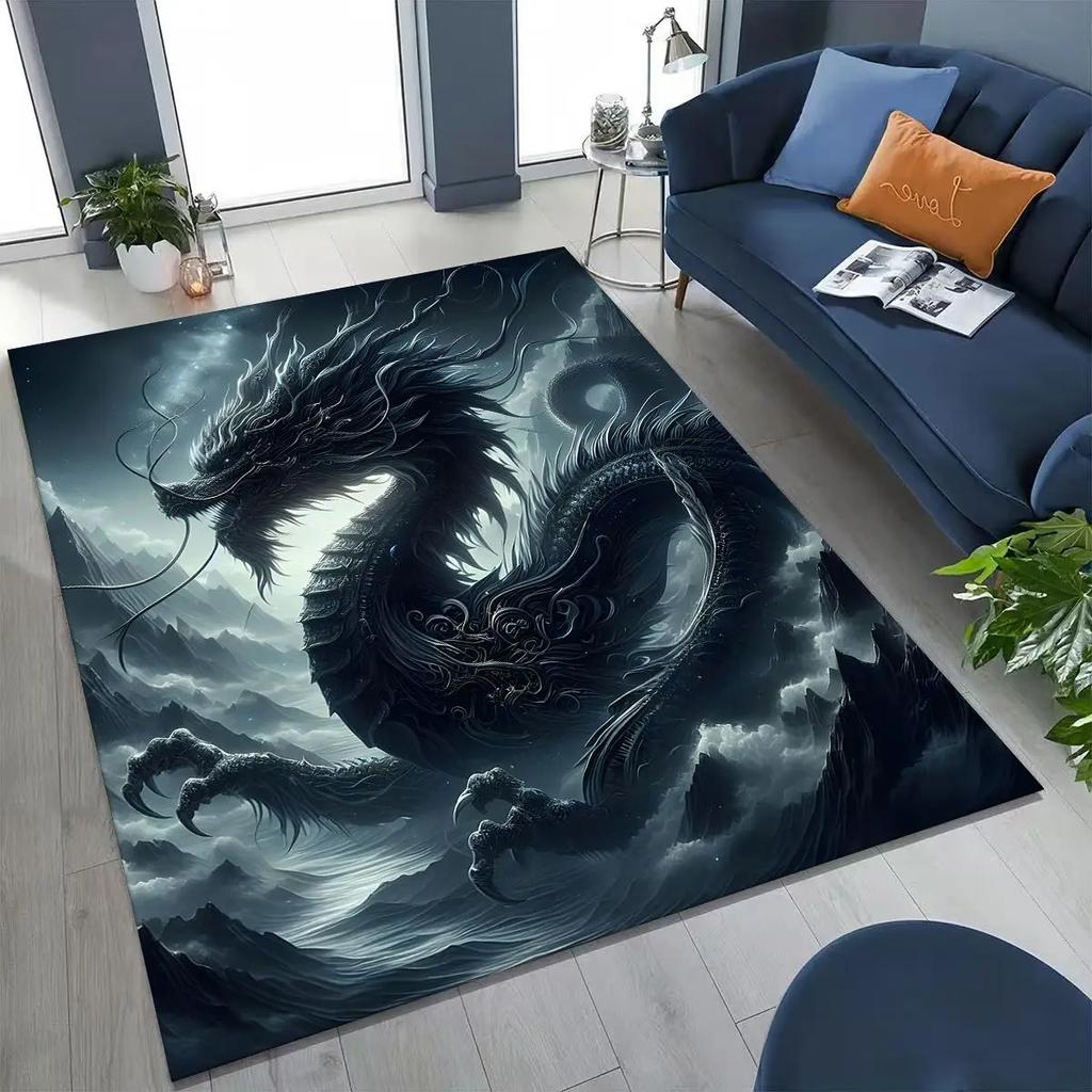 Magic Dragon Mythology Art Chinese Loong Cartoon Rug for Bedroom Living Room Sofa Home Doormat Decor, Large Non-slip Floor Mat