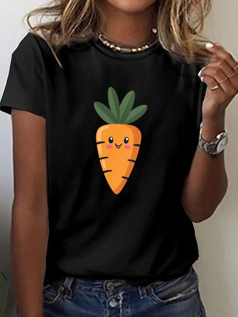 Cute Cartoon Carrot Illustration Print Tshirt Short Sleeve Crew Neck Casual Top for Summer Spring Unisexs Clothing Y2K Top