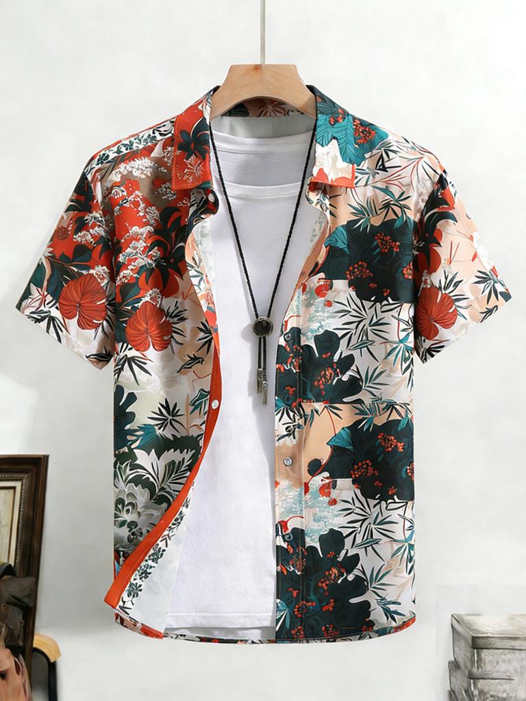 Herren Einfaches Freizeit-Kurzarmhemd Buntes Pflanzen-High-Definition-Druckhemd Atmungsaktives Hawaiianisches Outdoor-Herrenbekleidung